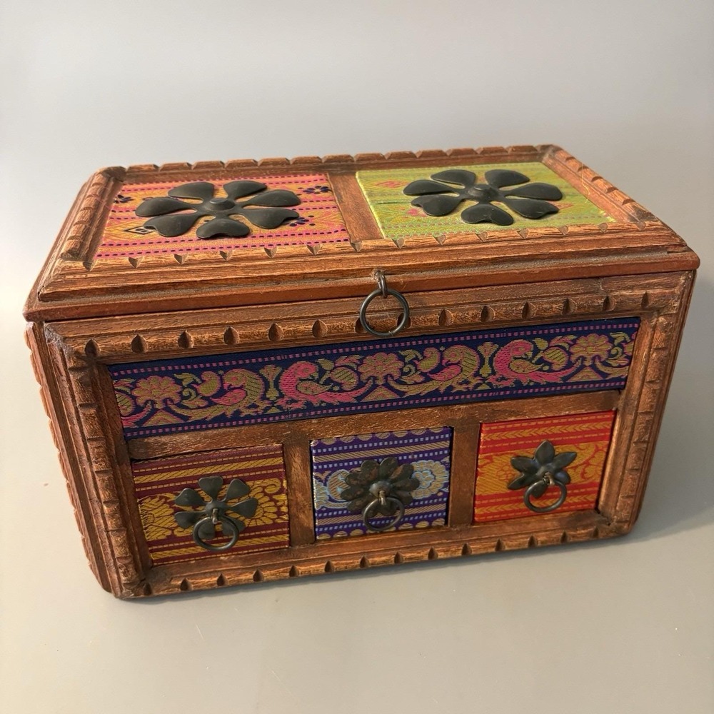 Vintage Carved Wooden Spice Storage Jewelry Box Chest Indian Hippie Boho Heavy
